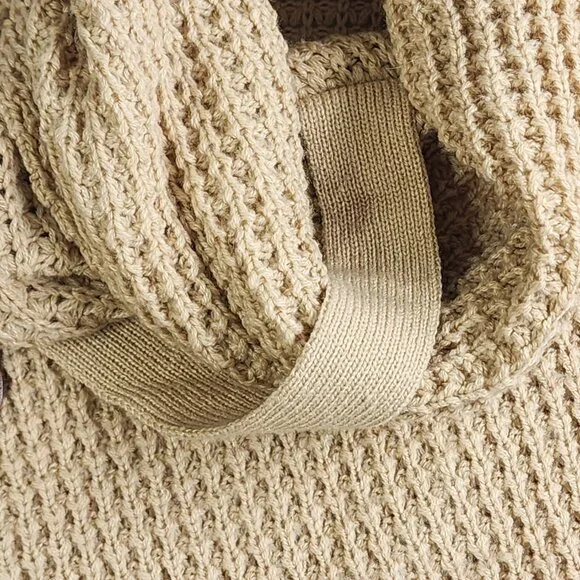 Grecerelle Cowl Neck Women's Small Asymmetric Wrap Sweater Chunky Pullover Tan - Picture 3 of 11